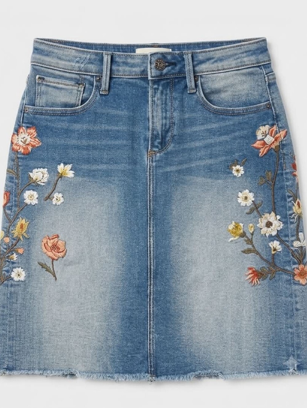 DRIFTWOOD Saybi Floral Embroidered Denim Skirt with Raw Hem Size26